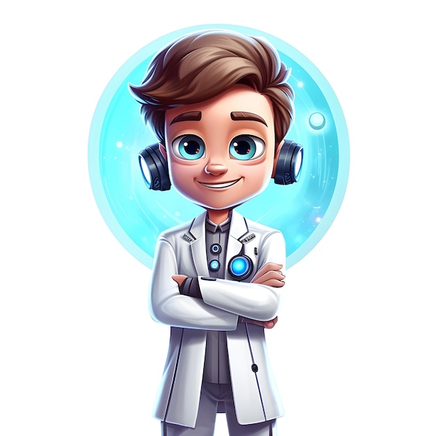 A cartoon character with a blue eyes and a white lab coat