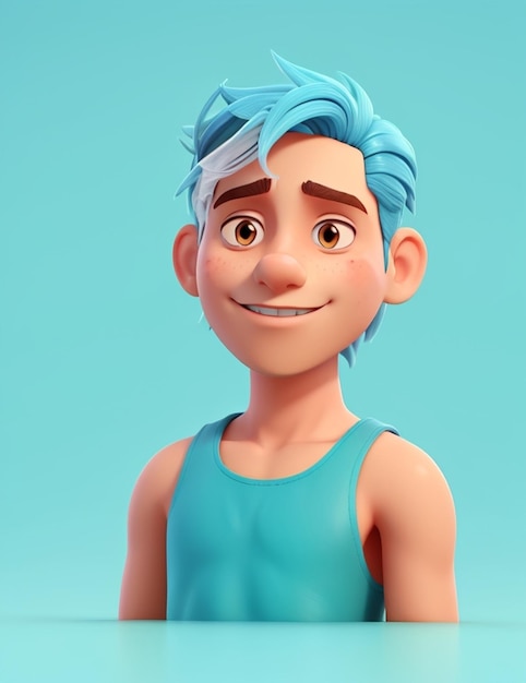 A cartoon character with a blue shirt and blue hair