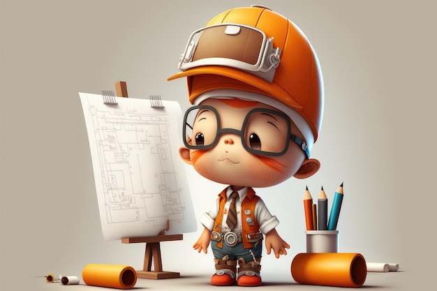 A cartoon character with a blueprint and a pencil on the table.