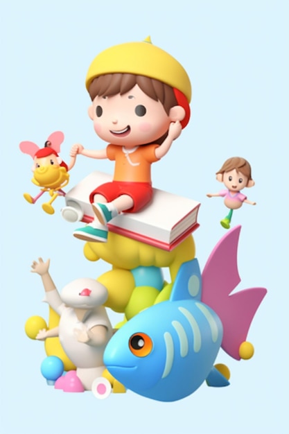 A cartoon character with a book and a boy on top of it