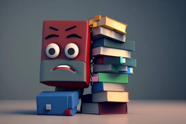 A cartoon character with a book face and a stack of books.