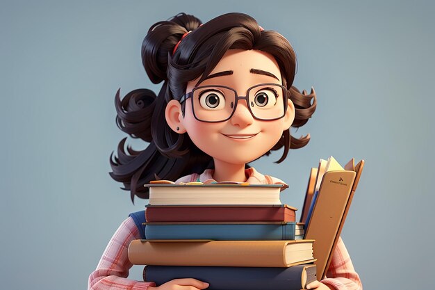 A cartoon character with books on her shoulders is holding a stack of books