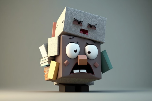 A cartoon character with a box on his head and a book on his head.