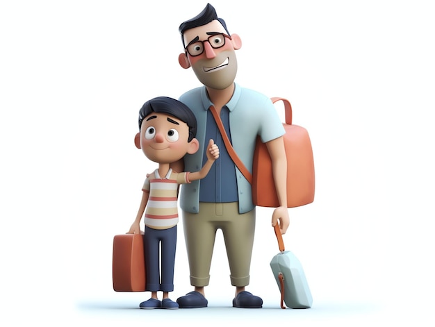 A cartoon character with a boy and his father holding bags.