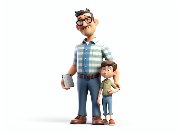 Мультипликационный персонаж с мальчиком, держащим планшет