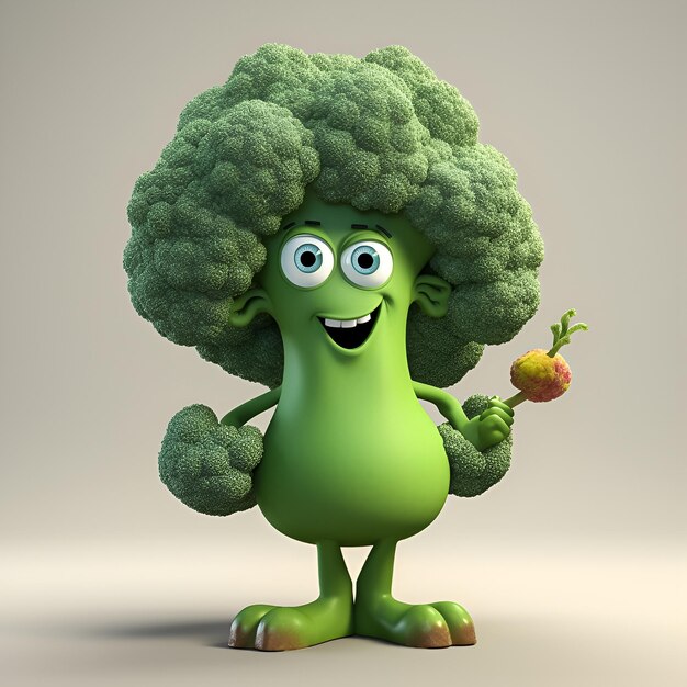 A cartoon character with a broccoli head holding a vegetable.