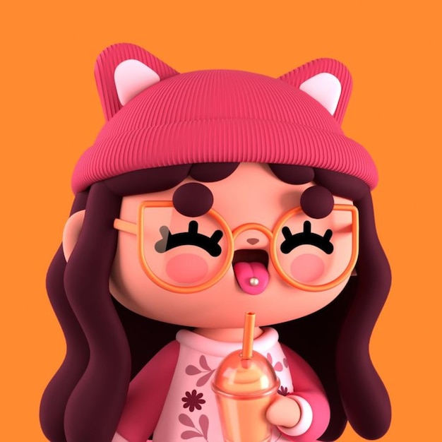 a cartoon character with a cat hat and glasses drinking a smoothie.