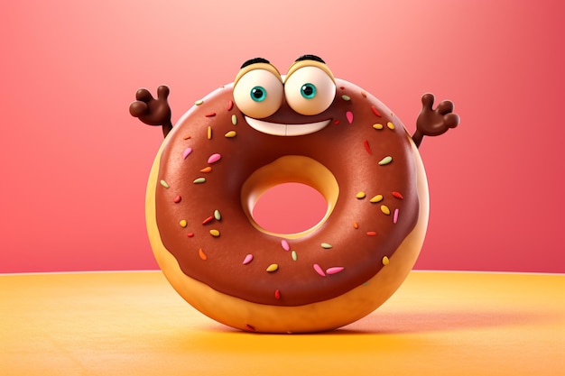 A cartoon character with a chocolate donut with a smiley face and a pink background.
