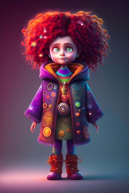 A cartoon character with a colorful coat and red hair.