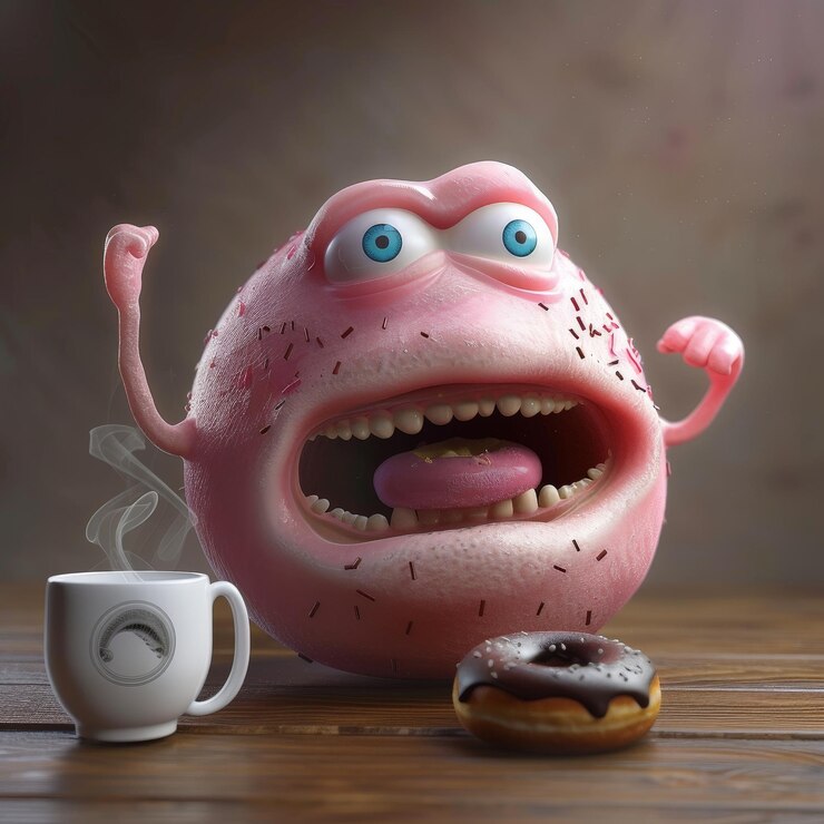 फोटो a cartoon character with a cup of coffee and donut