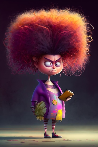 A cartoon character with curly hair and a book in the background