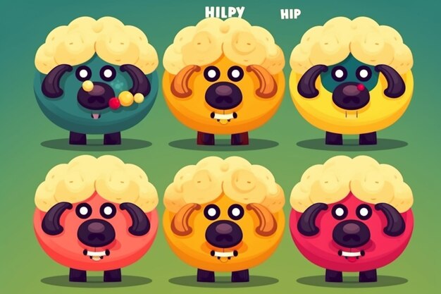 Photo a cartoon character with different colored sheeps and one has the word hip on it.
