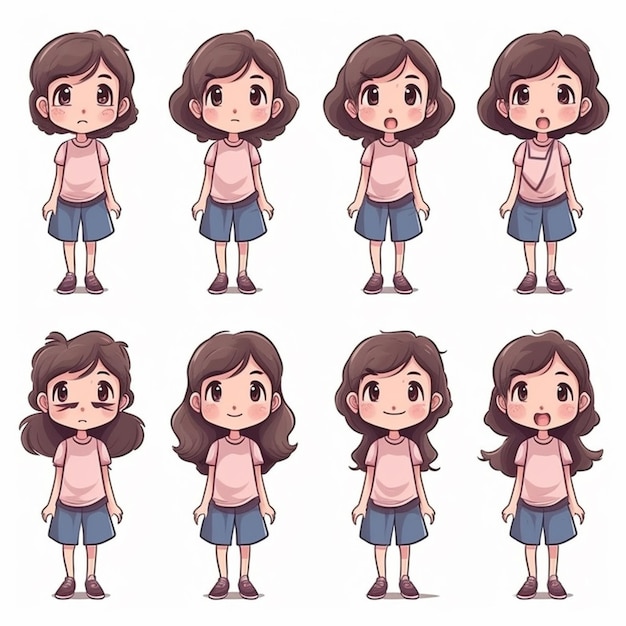 A cartoon character with different expressions of a girl with brown hair and a black hair.