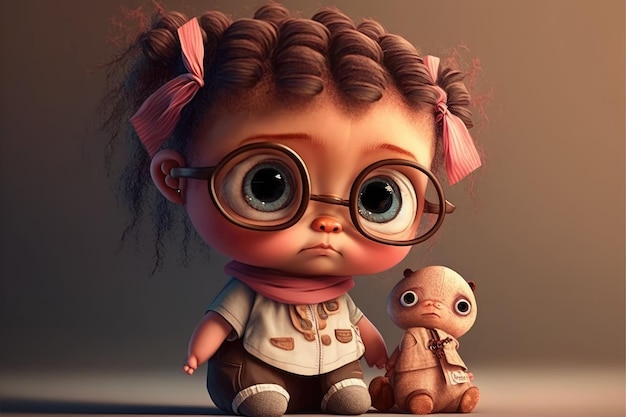 A cartoon character with a doll and a teddy bear.