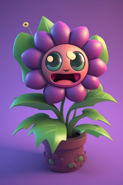 Photo a cartoon character with a face on its face and a flower in a pot.