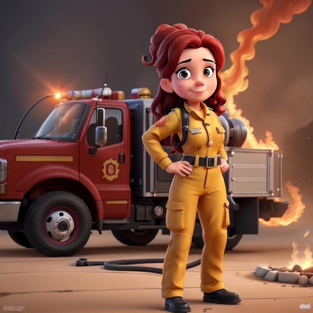 A cartoon character with a fire truck in the background