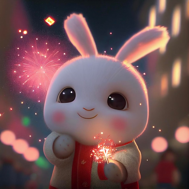 A cartoon character with fireworks in the background