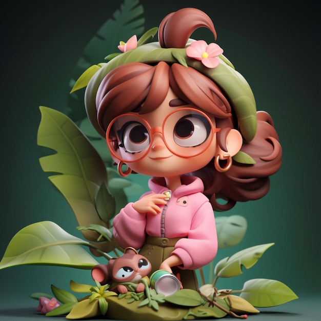 A cartoon character with a flower on her head is surrounded by leaves and a girl wearing a pink sweater.