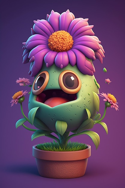 A cartoon character with a flower in its mouth.