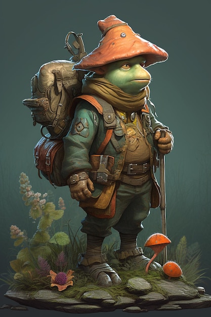 Мультипликационный персонаж с лягушкой на спине, рюкзаком и палкой.