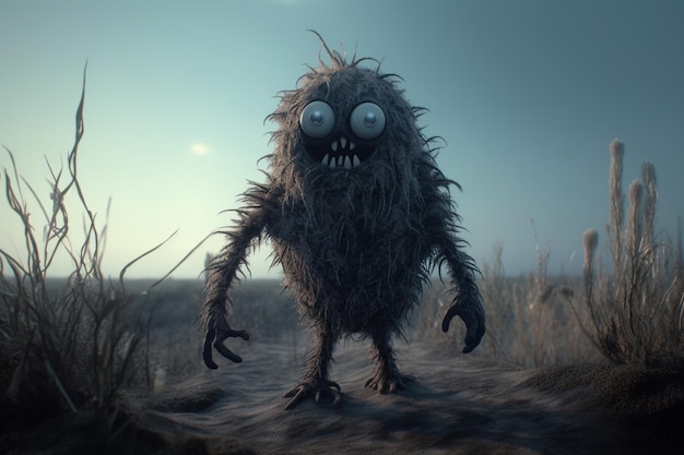 A cartoon character with a fuzzy face and big eyes stands in a field.