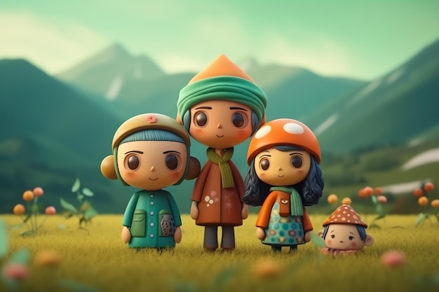 A cartoon character with a girl and a boy in a green field.