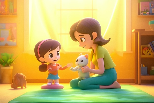 Мультипликационный персонаж с девочкой, играющей с игрушкой.