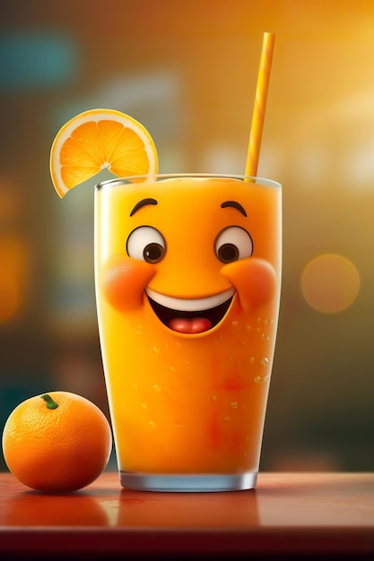 A cartoon character with a glass of orange juice