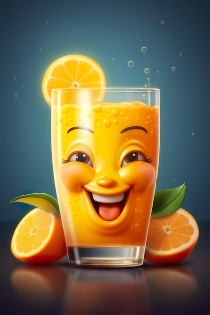 A cartoon character with a glass of orange juice