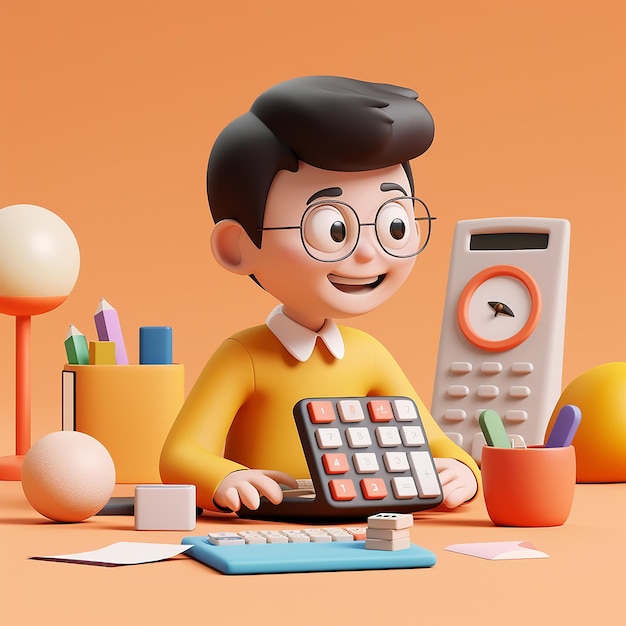 a cartoon character with glasses and a calculator in front of a calculator