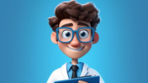 A cartoon character with glasses and a clipboard.