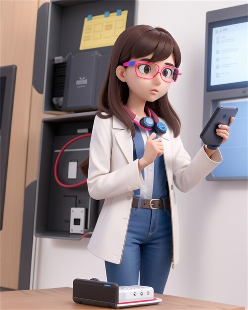 a cartoon character with glasses holding a phone in front of a machine that says " the word ".