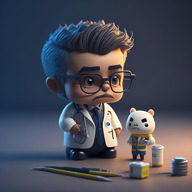 A cartoon character with glasses and a lab coat with a white cat on it.