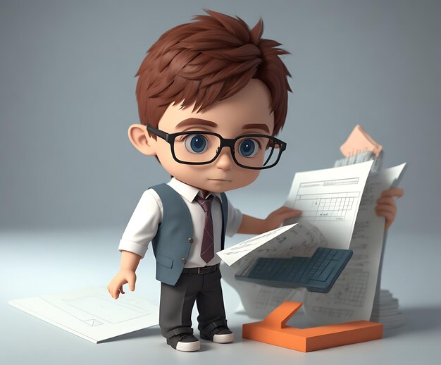 a cartoon character with glasses and a laptop in front of him.