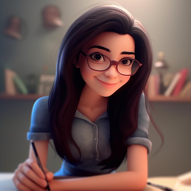 a cartoon character with glasses and a pen in her hand.