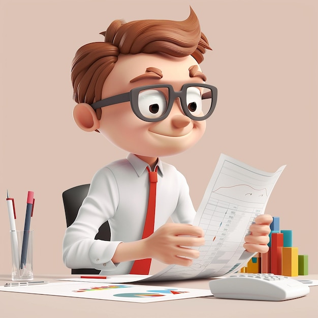 a cartoon character with glasses and a tie sits at a desk with a paper with a graph on it