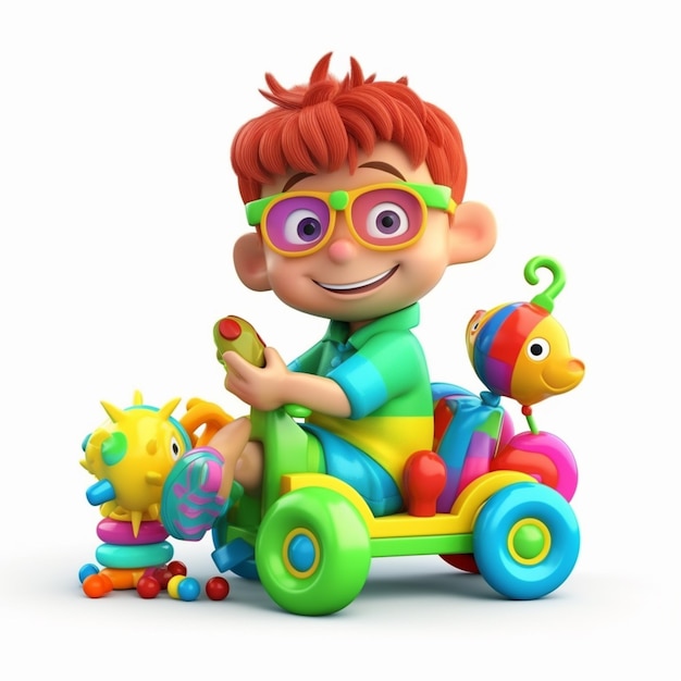 A cartoon character with glasses and a toy horse.