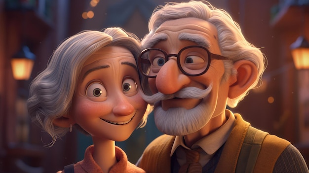 A cartoon character with glasses and a woman with a big smile