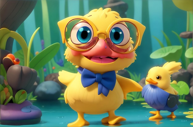 a cartoon character with glasses and a yellow duck wearing glasses.