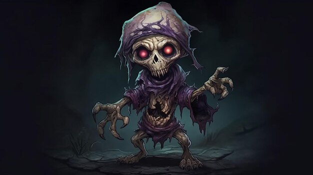 A cartoon character with a glowing eye and a purple skull on his head.