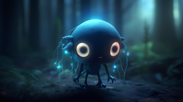 A cartoon character with glowing eyes stands in a dark forest.