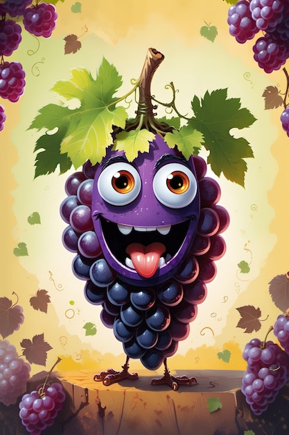 a cartoon character with grapes and a smile