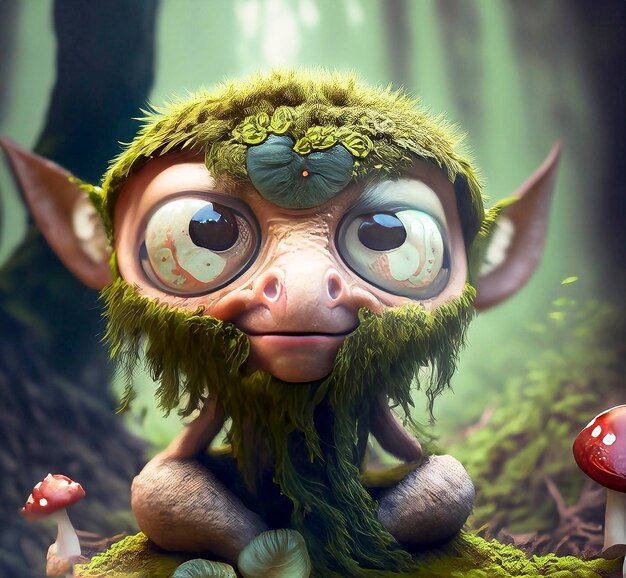 A cartoon character with a green beard and glasses sits in a forest with a mushroom on the ground.