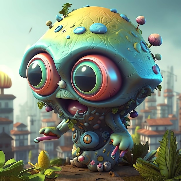 A cartoon character with a green and blue body and red eyes is holding a small object with a city in the background.