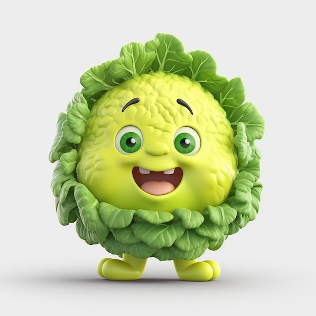 A cartoon character with a green cabbage on its head.
