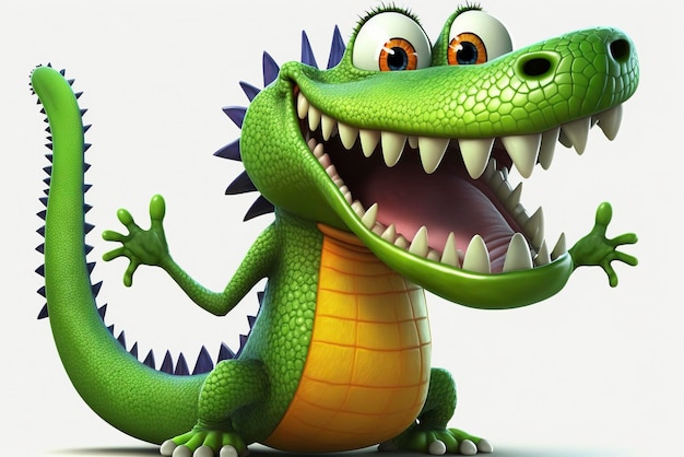 A cartoon character with a green crocodile on its face