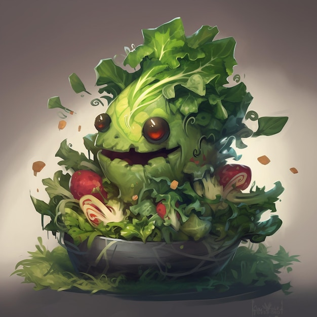 A cartoon character with a green leafy vegetable with red eyes and a red eyes.