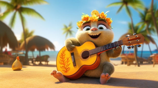 A cartoon character with a guitar on the beach