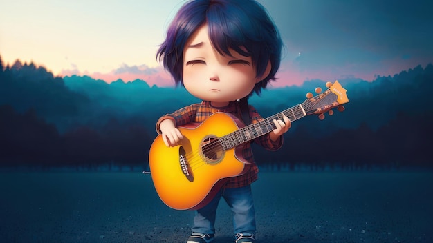 A cartoon character with a guitar in his hands.