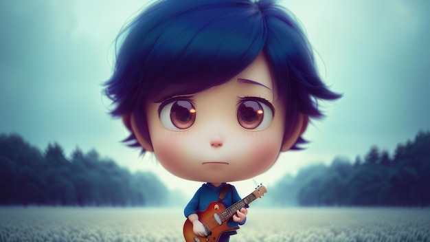 A cartoon character with a guitar in his hands